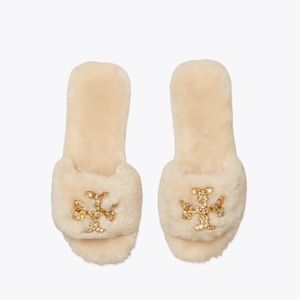 NEW! TORY BURCH DOUBLE T JEWEL COZY SHEARLING SANDALS